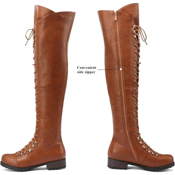 🆕Women's Brown Faux Leather Over The Knee Square Toe Thigh High Combat Boots - Picture 5 of 9